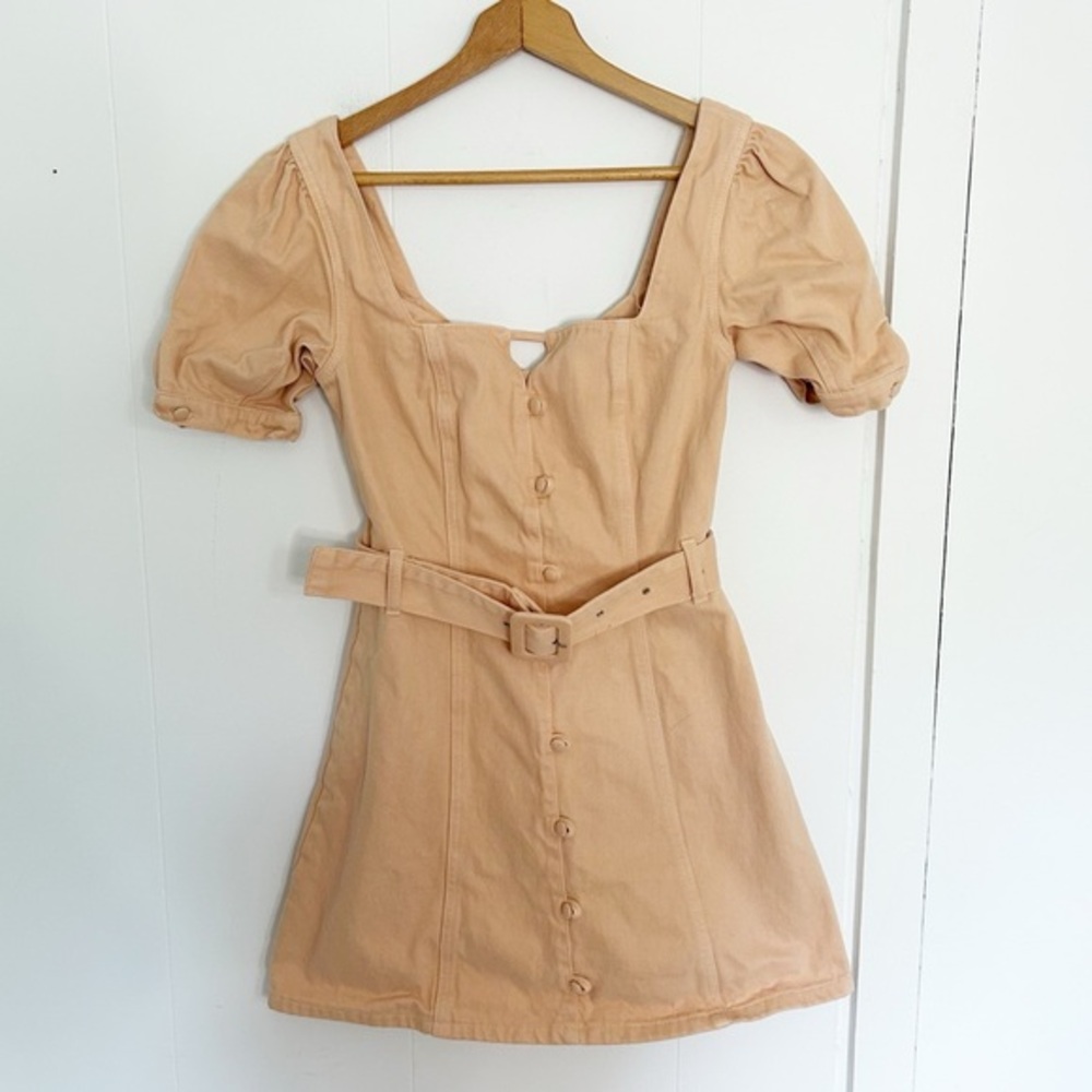 ASOS Peach Denim Puff Sleeve Mini Dress Belt Buttons Square Neck US 4